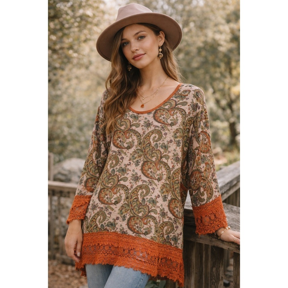 Umgee Plus Tunic Top 1X Sheer Pink Orange Paisley Lace Cuffs Boho Cotton Blend